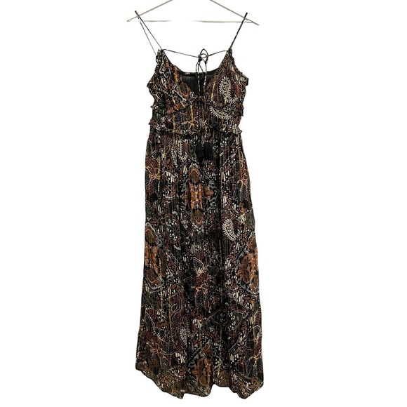 Zara Dresses & Skirts - ZARA Maxi Dress Womens XS Black Brown Gold Metallic Paisley Boho Ruffle Tassel